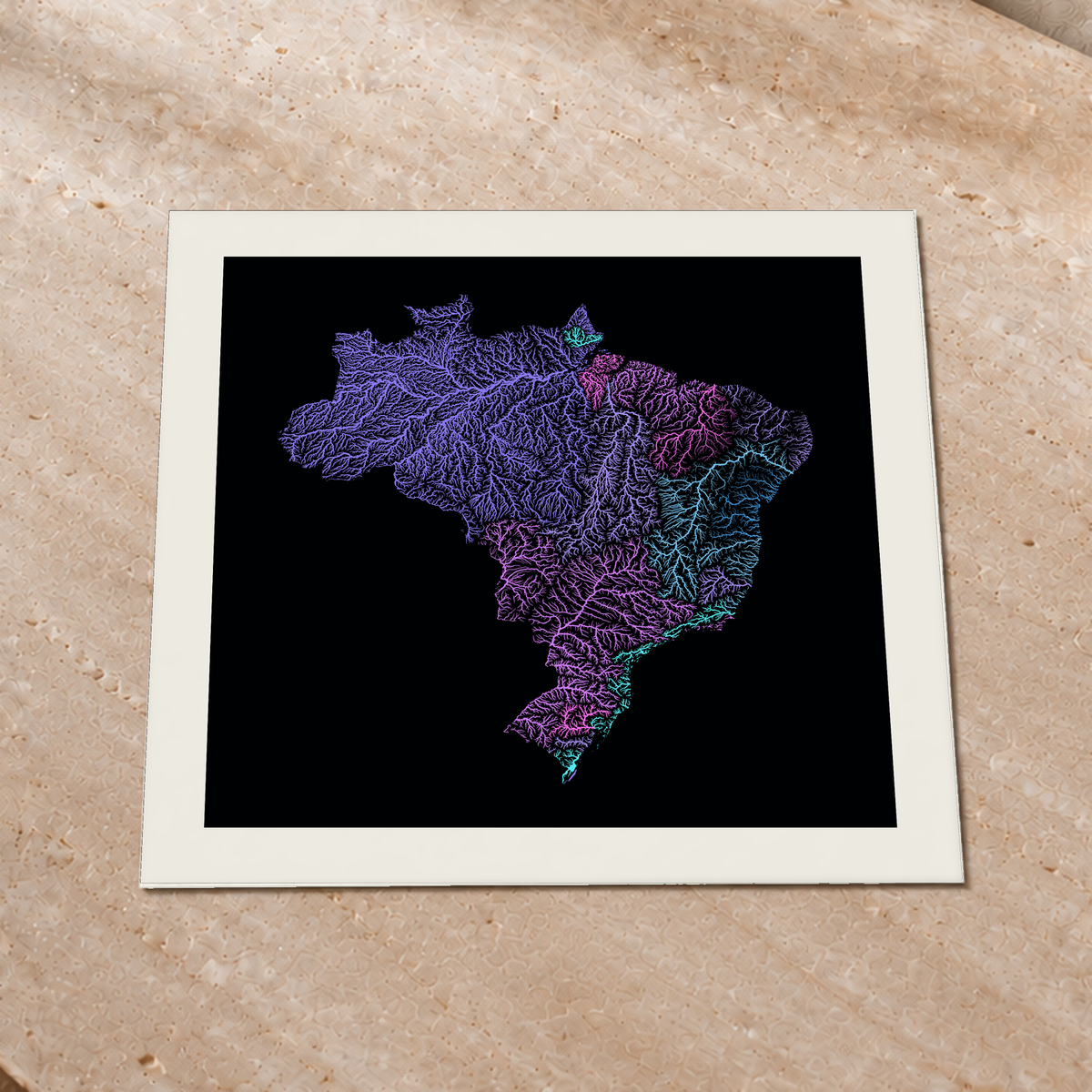 Beautiful Rivers — Brasil — Neon hidrográfico, Impressão fine art · 76 × 76 cm, Margem branca