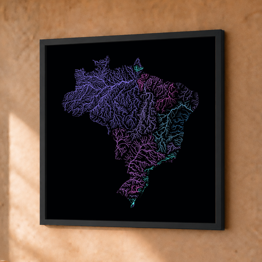 Beautiful Rivers — Brasil — Neon hidrográfico, Fine art emoldurado · 30 × 30 cm, Preto · Sem margem