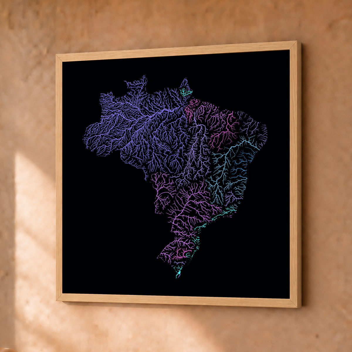 Beautiful Rivers — Brasil — Neon hidrográfico, Fine art emoldurado · 30 × 30 cm, Natural · Sem margem