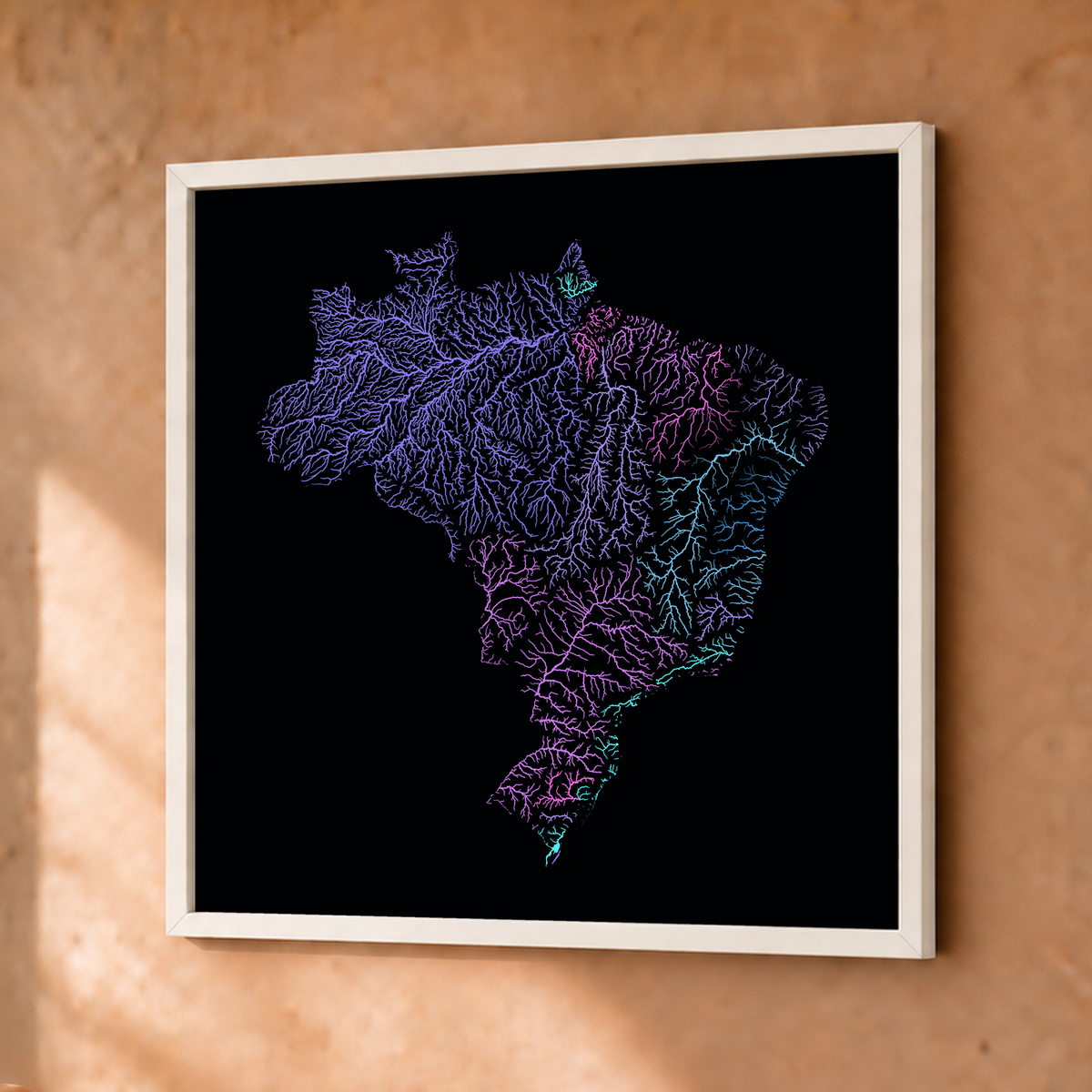Beautiful Rivers — Brasil — Neon hidrográfico, Fine art emoldurado · 30 × 30 cm, Branco · Sem margem