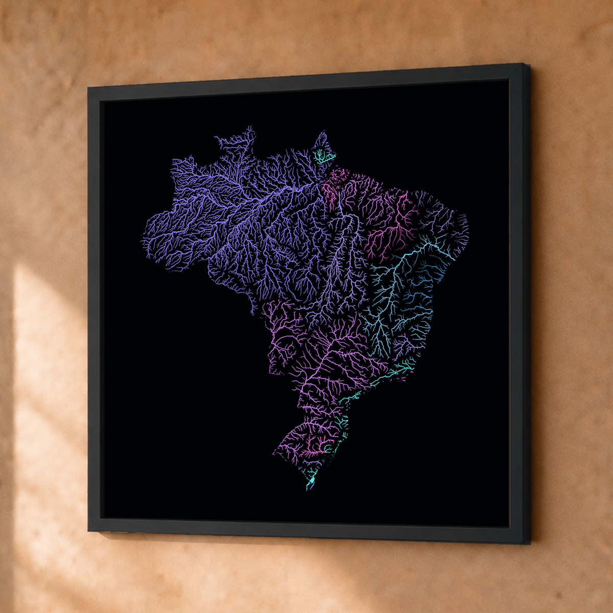 Beautiful Rivers — Brasil — Neon hidrográfico, Fine art emoldurado · 50 × 50 cm, Preto · Sem margem