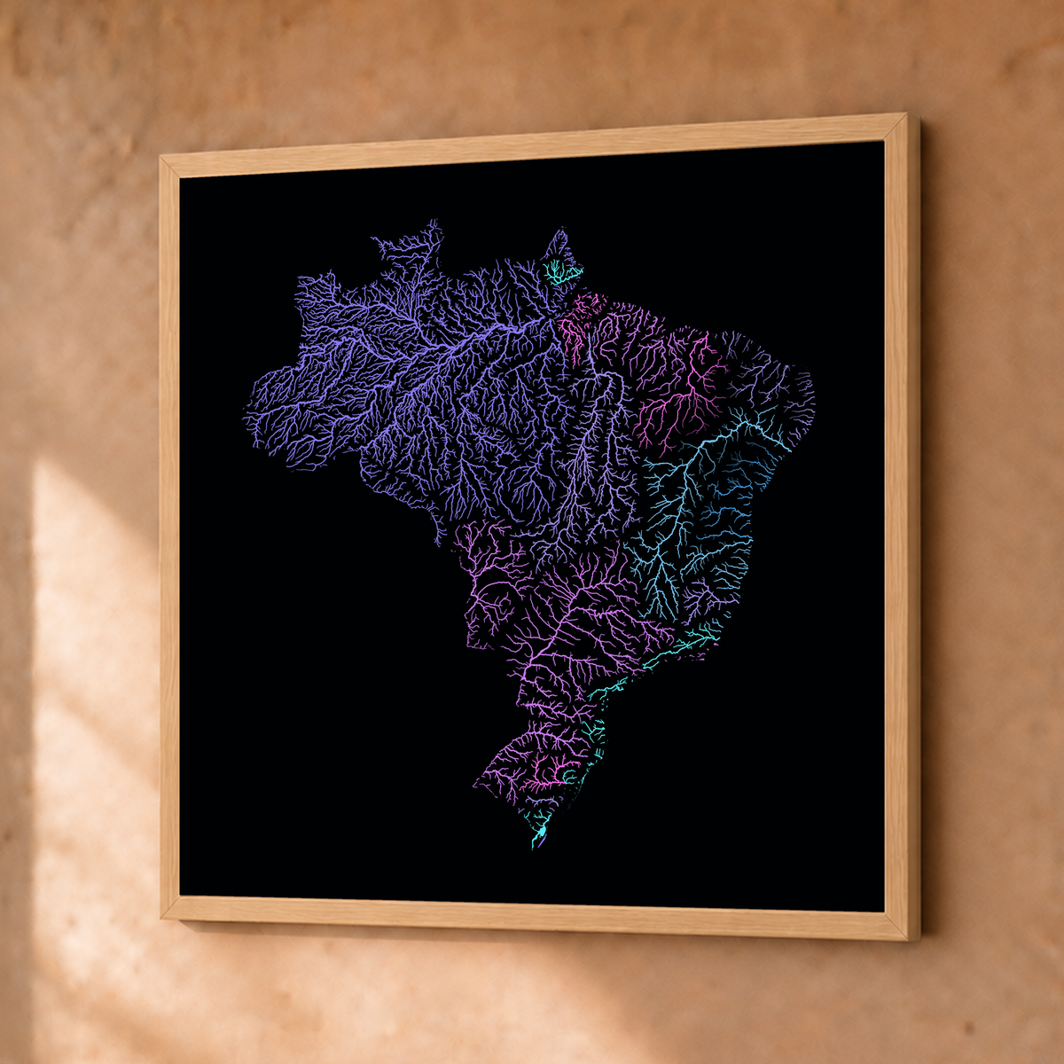 Beautiful Rivers — Brasil — Neon hidrográfico, Fine art emoldurado · 50 × 50 cm, Natural · Sem margem