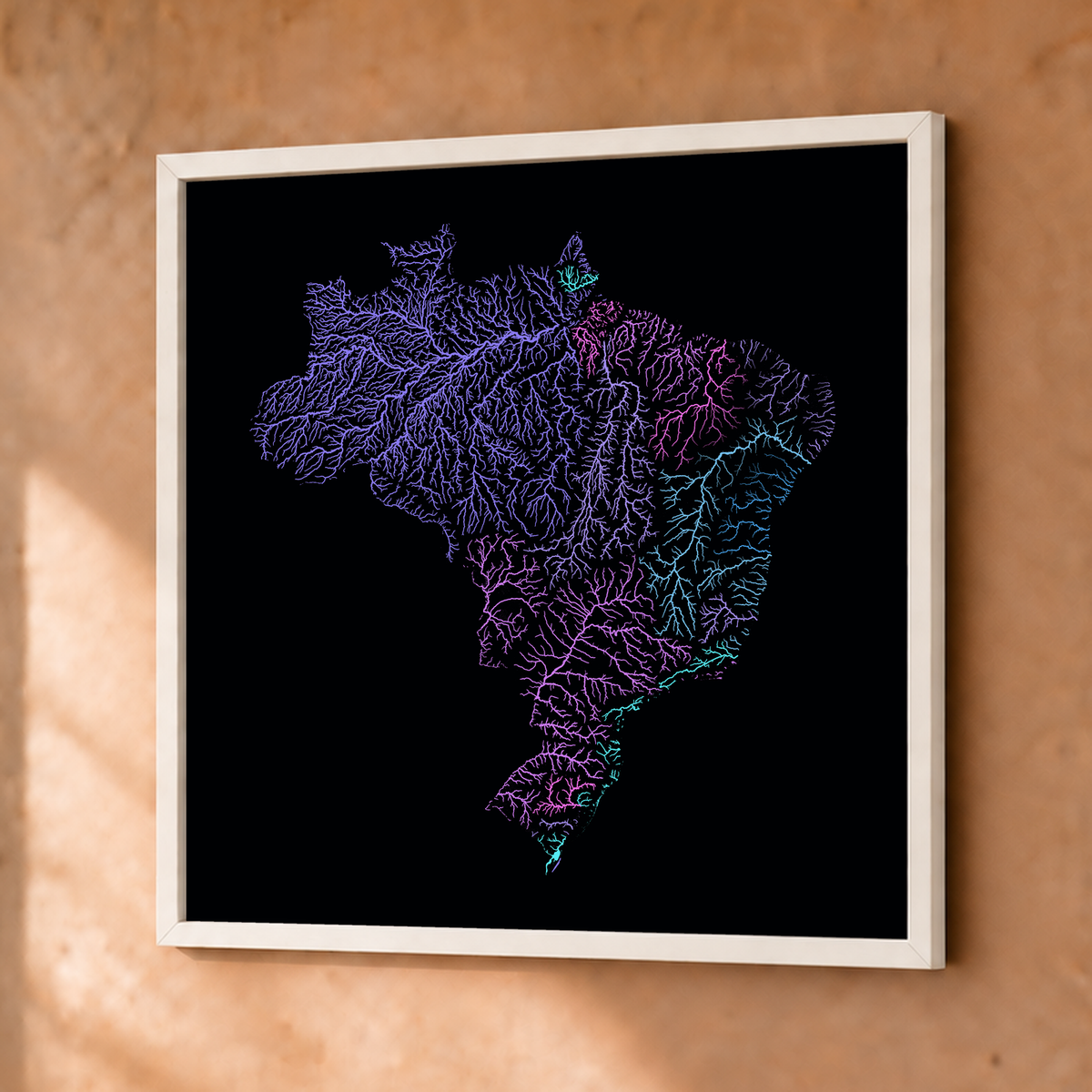 Beautiful Rivers — Brasil — Neon hidrográfico, Fine art emoldurado · 50 × 50 cm, Branco · Sem margem