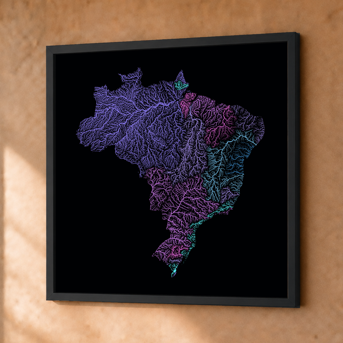 Beautiful Rivers — Brasil — Neon hidrográfico, Fine art emoldurado · 76 × 76 cm, Preto · Sem margem