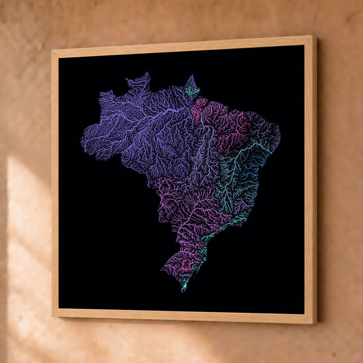 Beautiful Rivers — Brasil — Neon hidrográfico, Fine art emoldurado · 76 × 76 cm, Natural · Sem margem