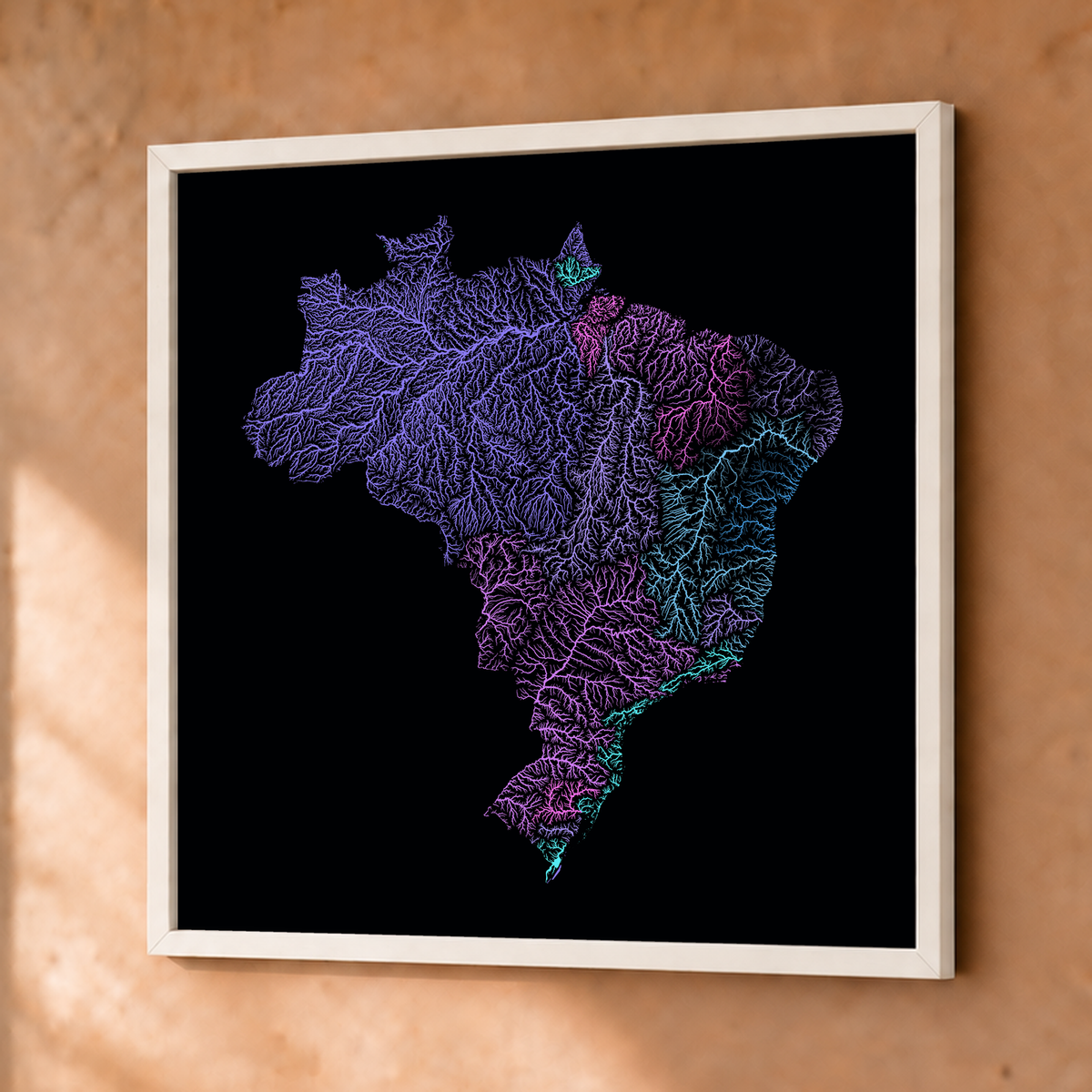 Beautiful Rivers — Brasil — Neon hidrográfico, Fine art emoldurado · 76 × 76 cm, Branco · Sem margem