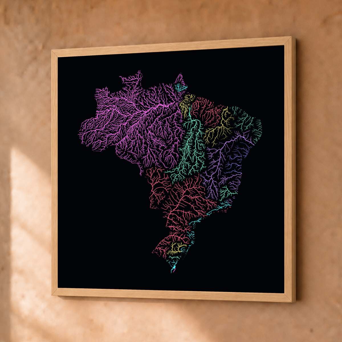 Beautiful Rivers — Brasil — Neon por território, Fine art emoldurado · 50 × 50 cm, Natural · Sem margem