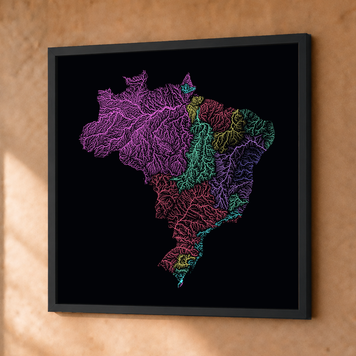 Beautiful Rivers — Brasil — Neon por território, Fine art emoldurado · 76 × 76 cm, Preto · Sem margem