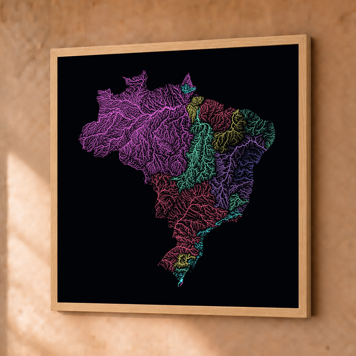 Beautiful Rivers — Brasil — Neon por território, Fine art emoldurado · 76 × 76 cm, Natural · Sem margem