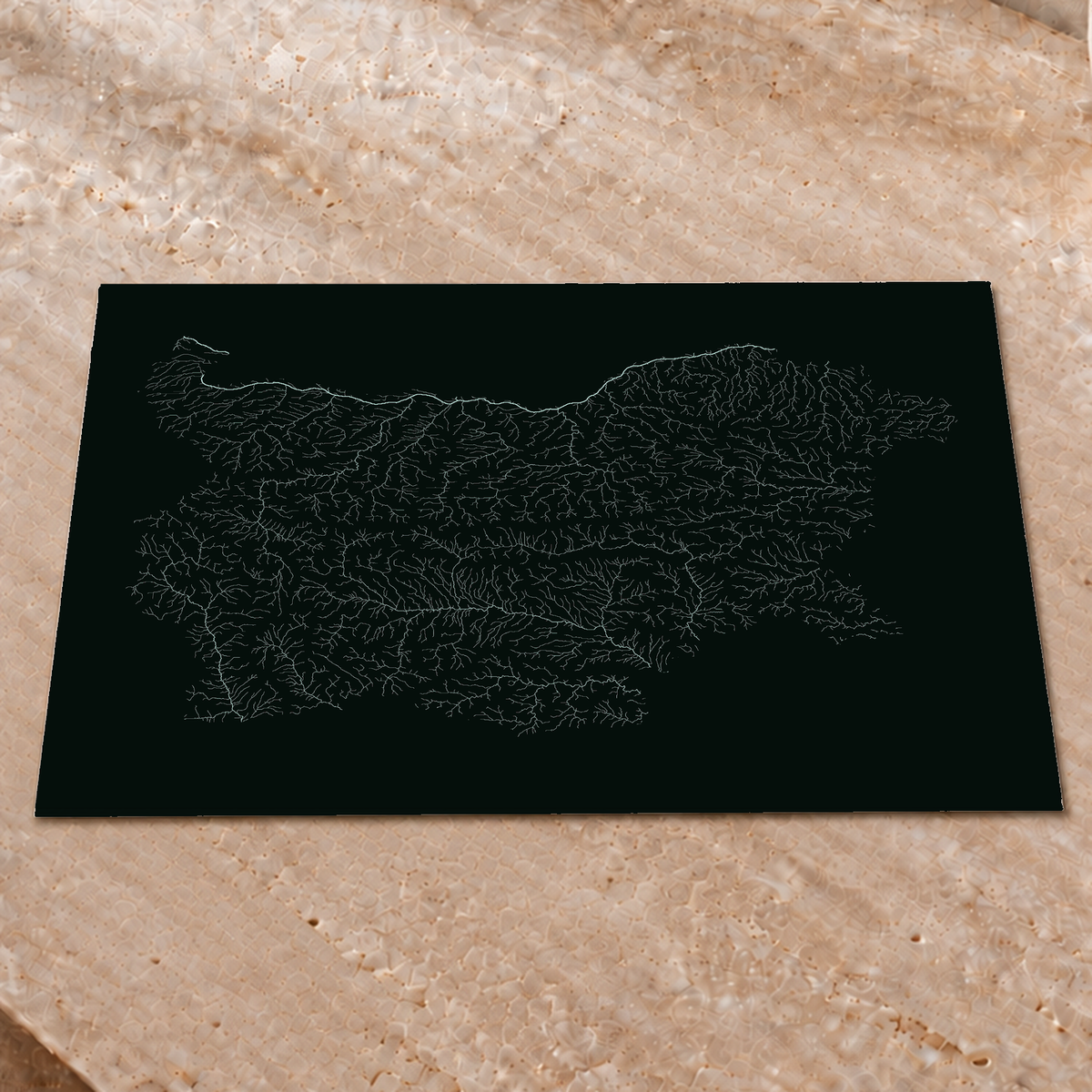 Hydrographic map — Bulgaria, monochrome glow, Glow-in-the-dark poster, 45 × 60 cm, in a premium interior setting