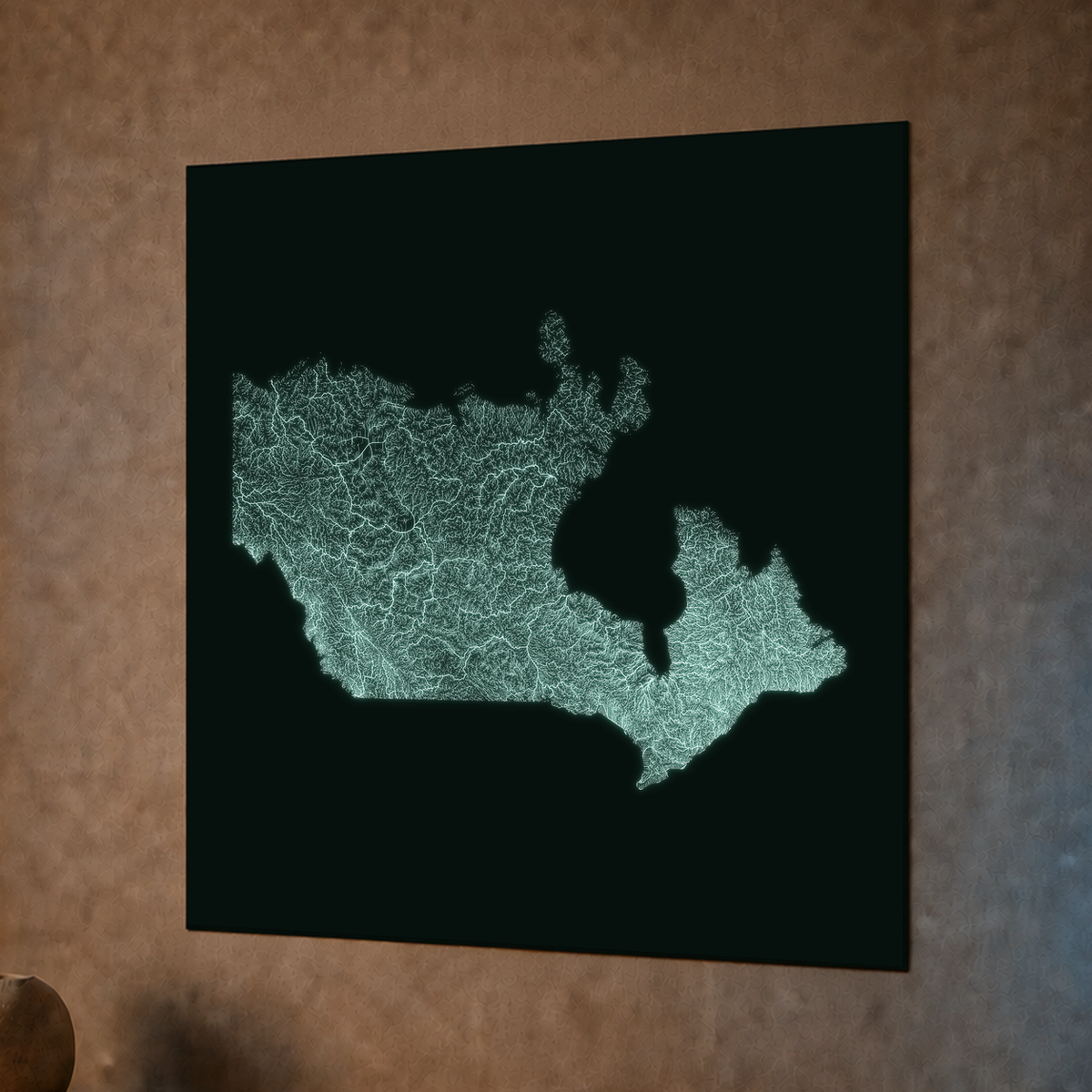 Mappa idrografica — Canada, poster fosforescente, 76 × 76 cm, vista notturna