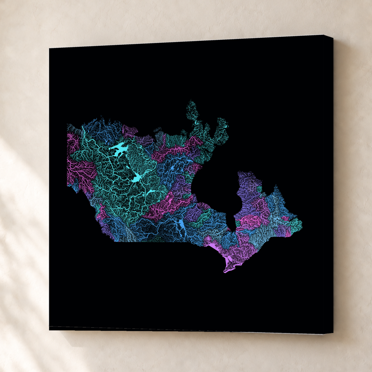 Beautiful Rivers — Canadá — Neon hidrográfico, Canvas · 76 × 76 cm, Sem margem