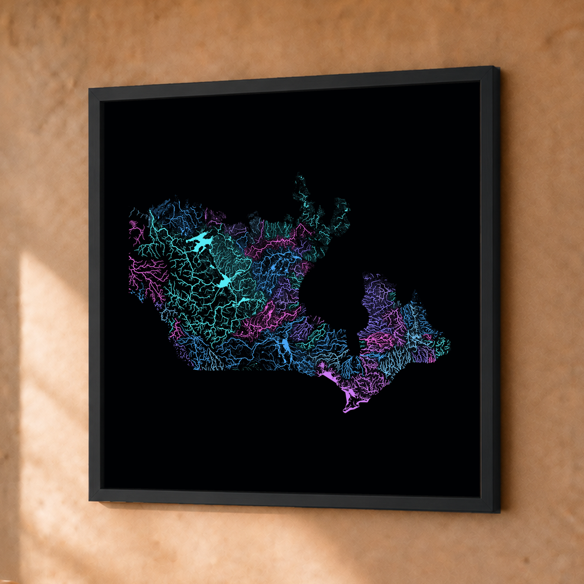 Beautiful Rivers — Canadá — Neon hidrográfico, Fine art emoldurado · 30 × 30 cm, Preto · Sem margem