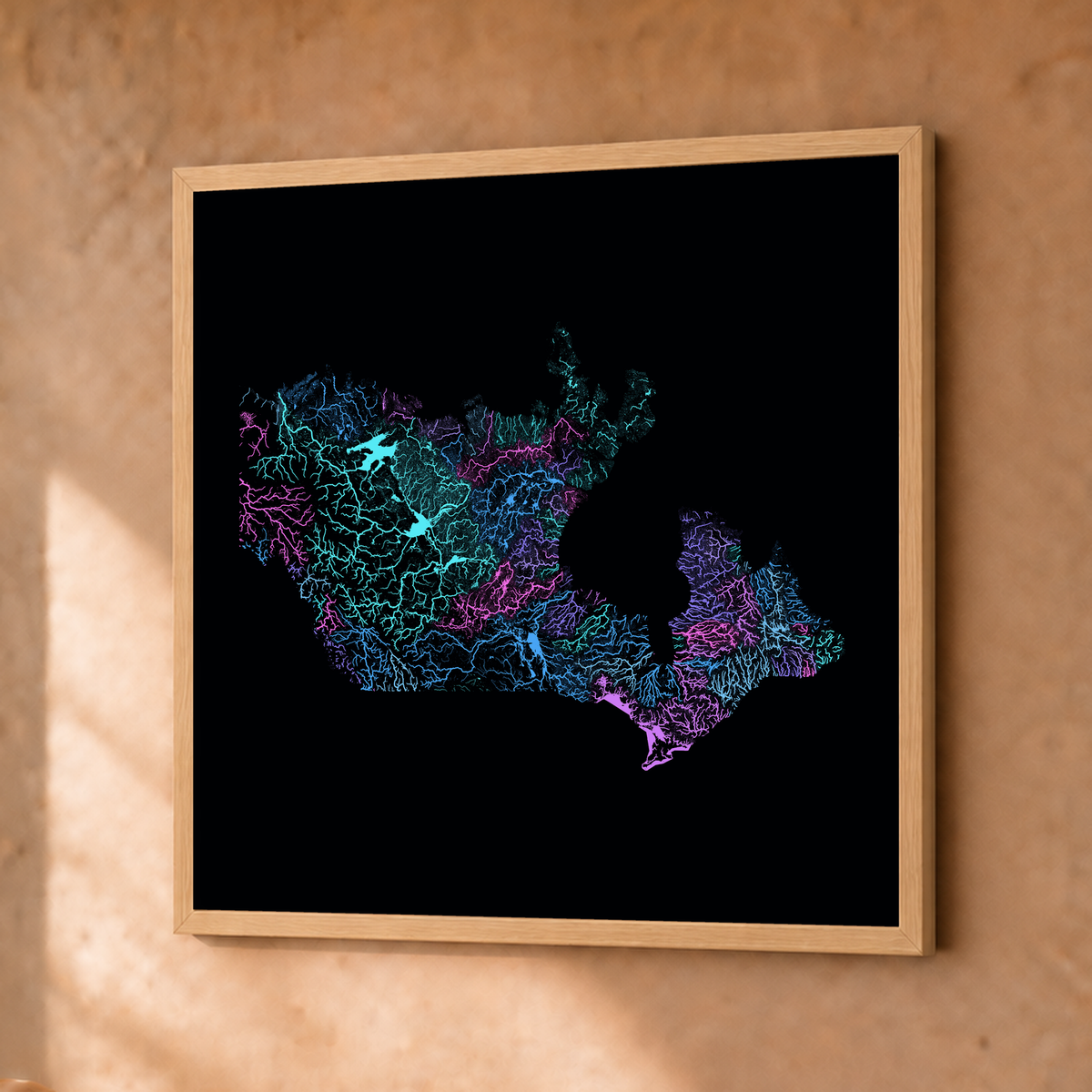 Beautiful Rivers — Canadá — Neon hidrográfico, Fine art emoldurado · 30 × 30 cm, Natural · Sem margem