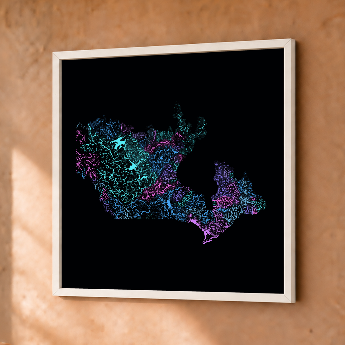 Beautiful Rivers — Canadá — Neon hidrográfico, Fine art emoldurado · 30 × 30 cm, Branco · Sem margem
