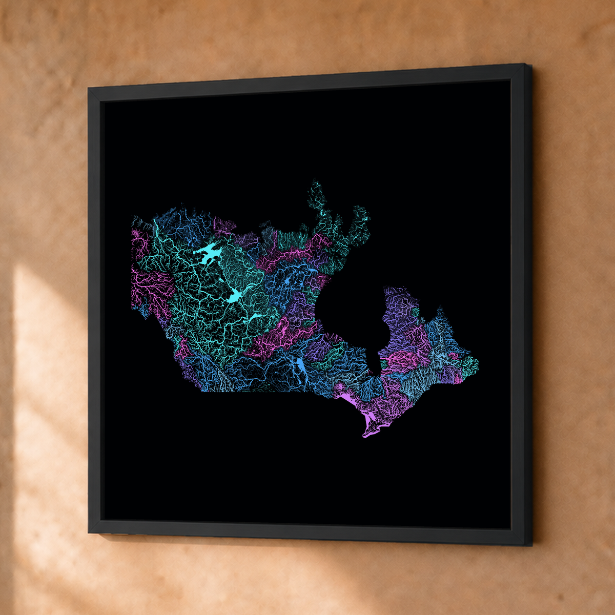 Beautiful Rivers — Canadá — Neon hidrográfico, Fine art emoldurado · 50 × 50 cm, Preto · Sem margem