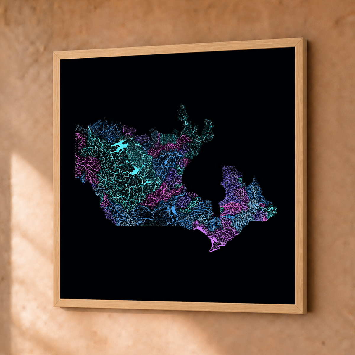 Beautiful Rivers — Canadá — Neon hidrográfico, Fine art emoldurado · 50 × 50 cm, Natural · Sem margem