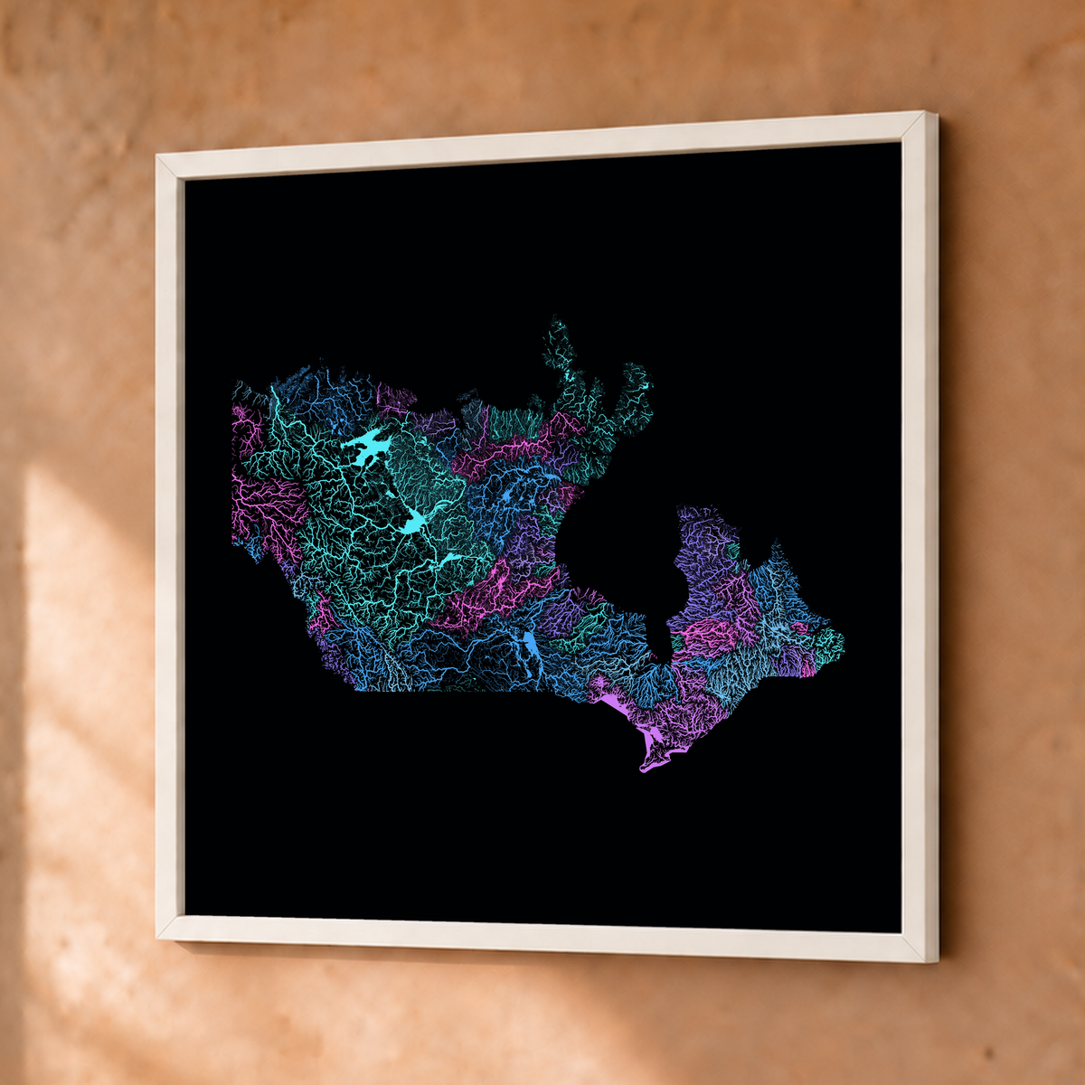 Beautiful Rivers — Canadá — Neon hidrográfico, Fine art emoldurado · 50 × 50 cm, Branco · Sem margem