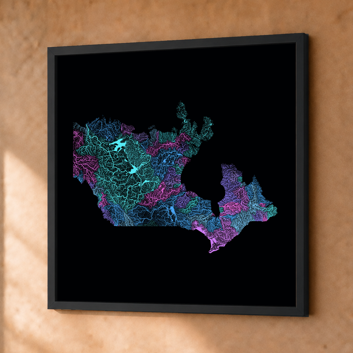 Beautiful Rivers — Canadá — Neon hidrográfico, Fine art emoldurado · 76 × 76 cm, Preto · Sem margem