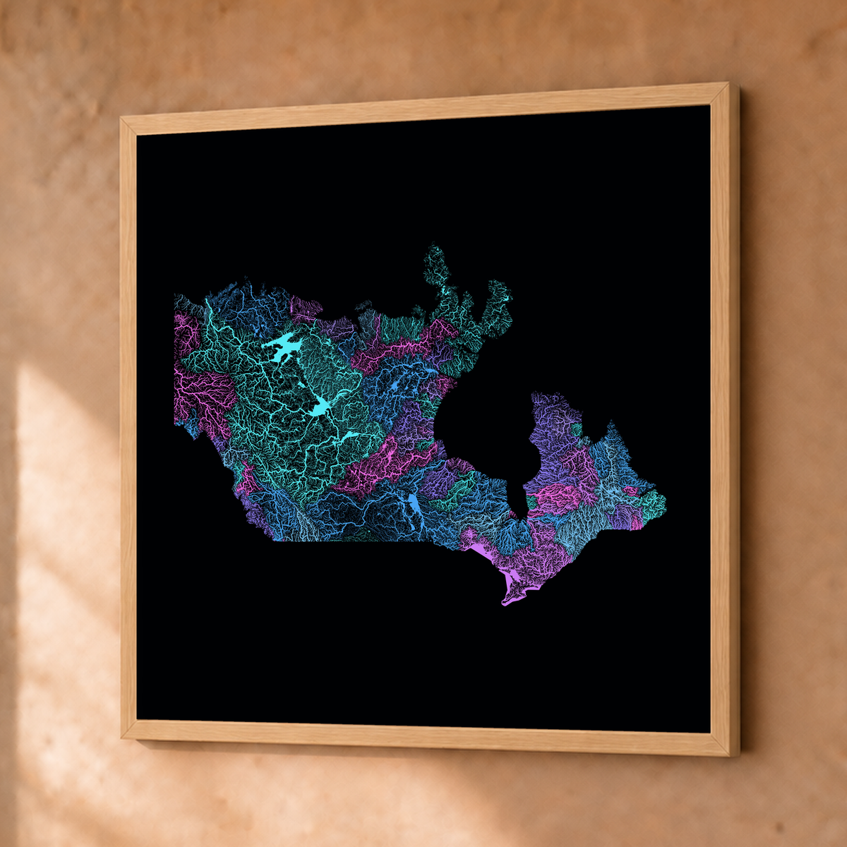 Beautiful Rivers — Canadá — Neon hidrográfico, Fine art emoldurado · 76 × 76 cm, Natural · Sem margem