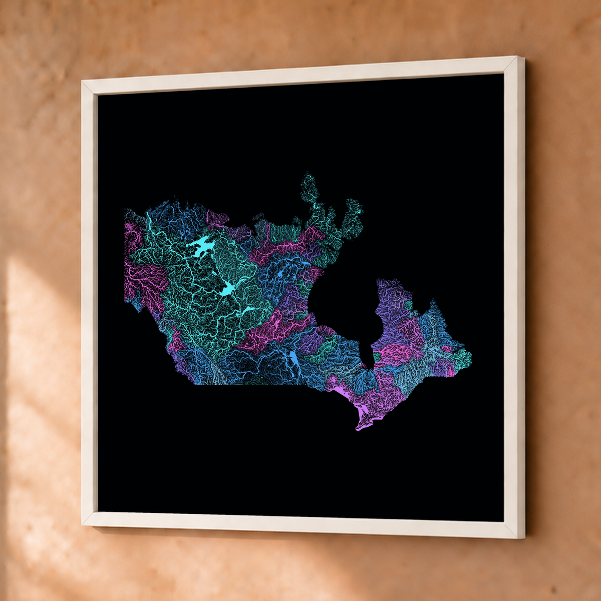 Beautiful Rivers — Canadá — Neon hidrográfico, Fine art emoldurado · 76 × 76 cm, Branco · Sem margem