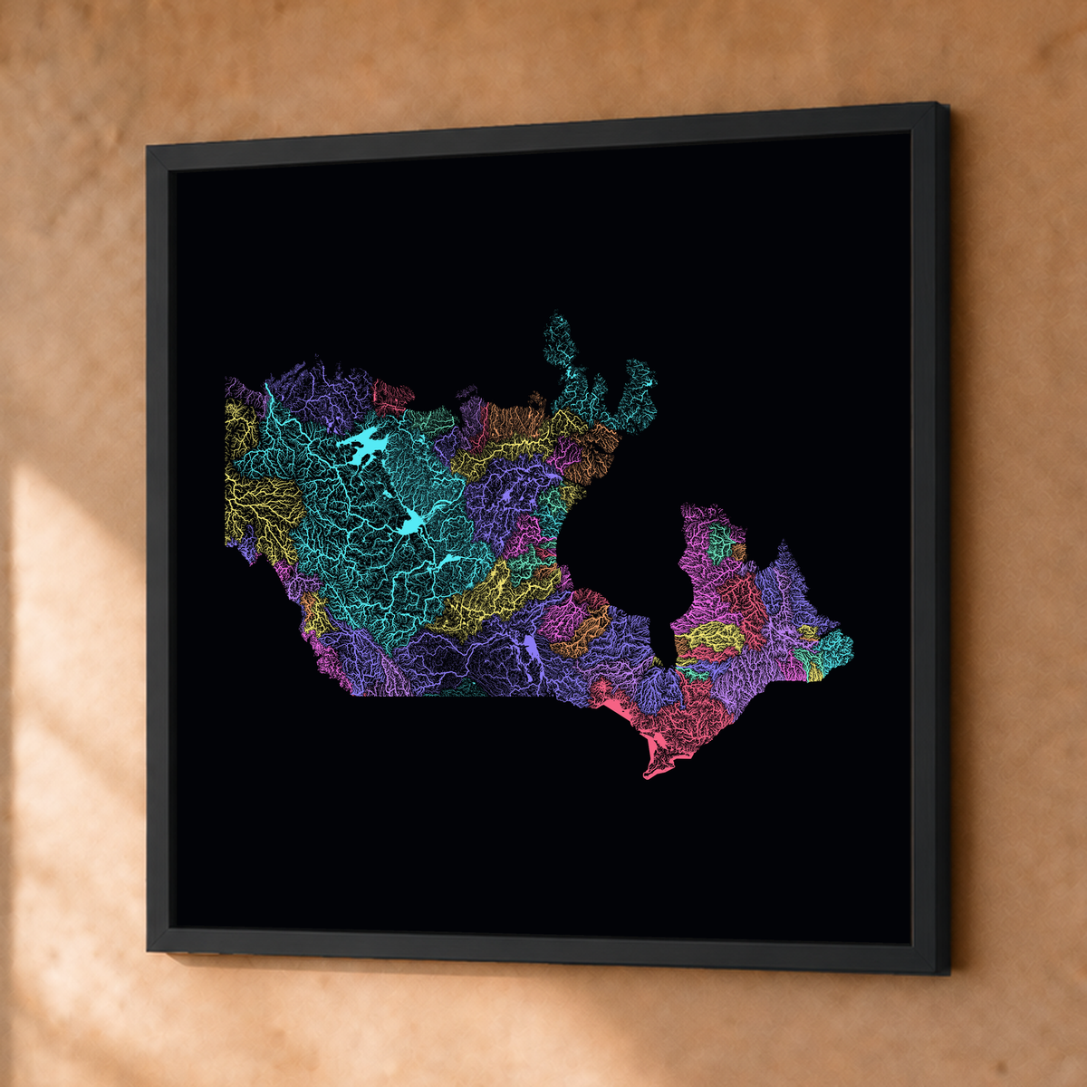 Beautiful Rivers — Canadá — Neon por território, Fine art emoldurado · 76 × 76 cm, Preto · Sem margem