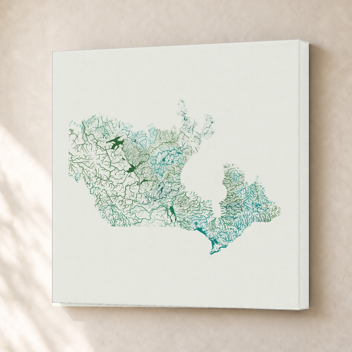 Beautiful Rivers — Canadá — Verde jade e porcelana, Canvas · 30 × 30 cm, Sem margem