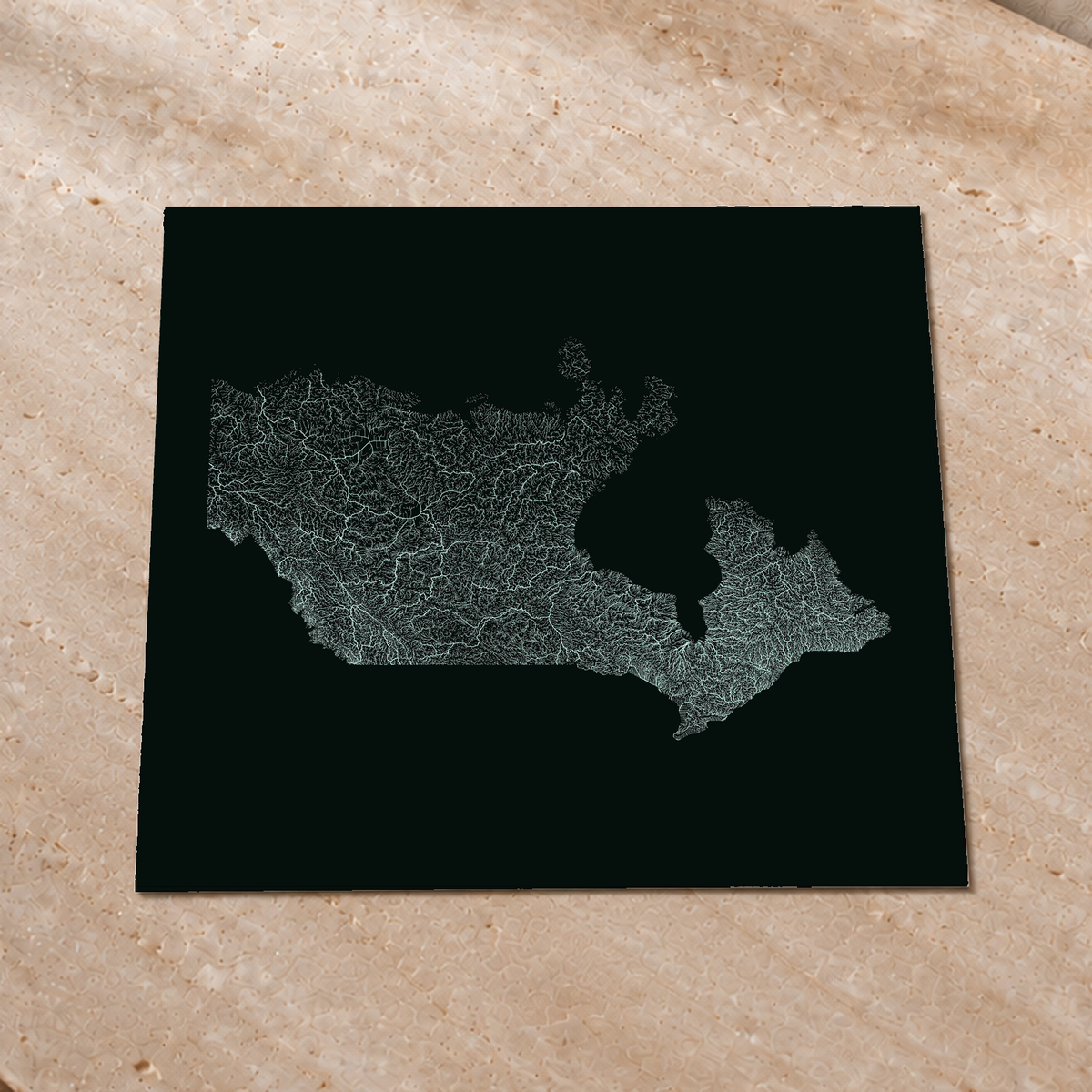 Mapa hidrográfico — Canadá, glow, glow-poster, 76 × 76 cm, num ambiente interior premium