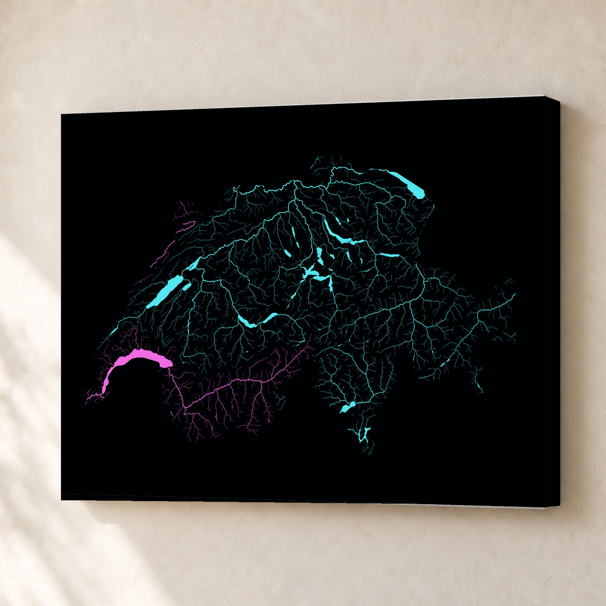 Beautiful Rivers — Suíça — Neon hidrográfico, Canvas · 30 × 40 cm, Sem margem