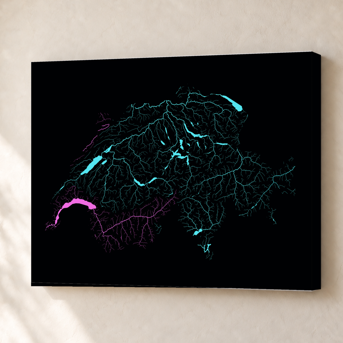 Beautiful Rivers — Suíça — Neon hidrográfico, Canvas · 45 × 60 cm, Sem margem