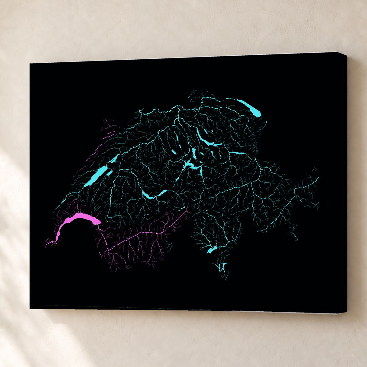 Beautiful Rivers — Suíça — Neon hidrográfico, Canvas · 60 × 80 cm, Sem margem