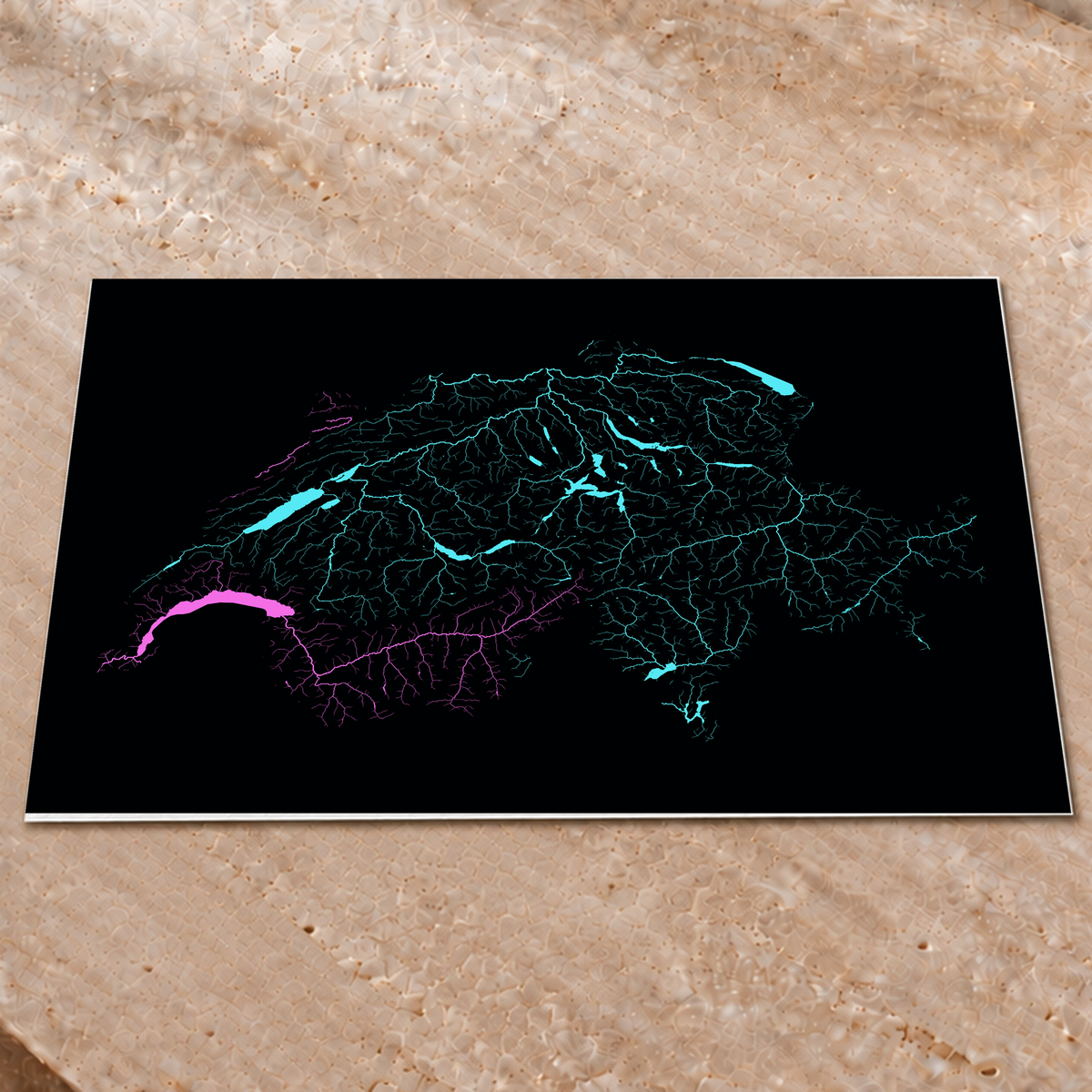 Beautiful Rivers — Suíça — Neon hidrográfico, Impressão fine art · 60 × 80 cm, Sem margem