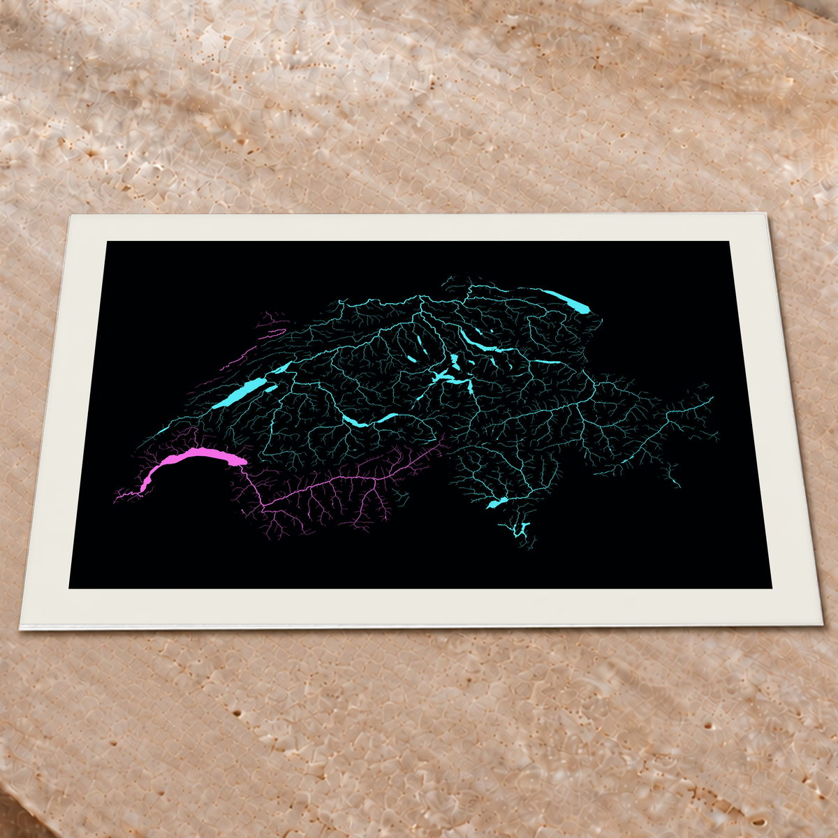 Beautiful Rivers — Suíça — Neon hidrográfico, Impressão fine art · 60 × 80 cm, Margem branca