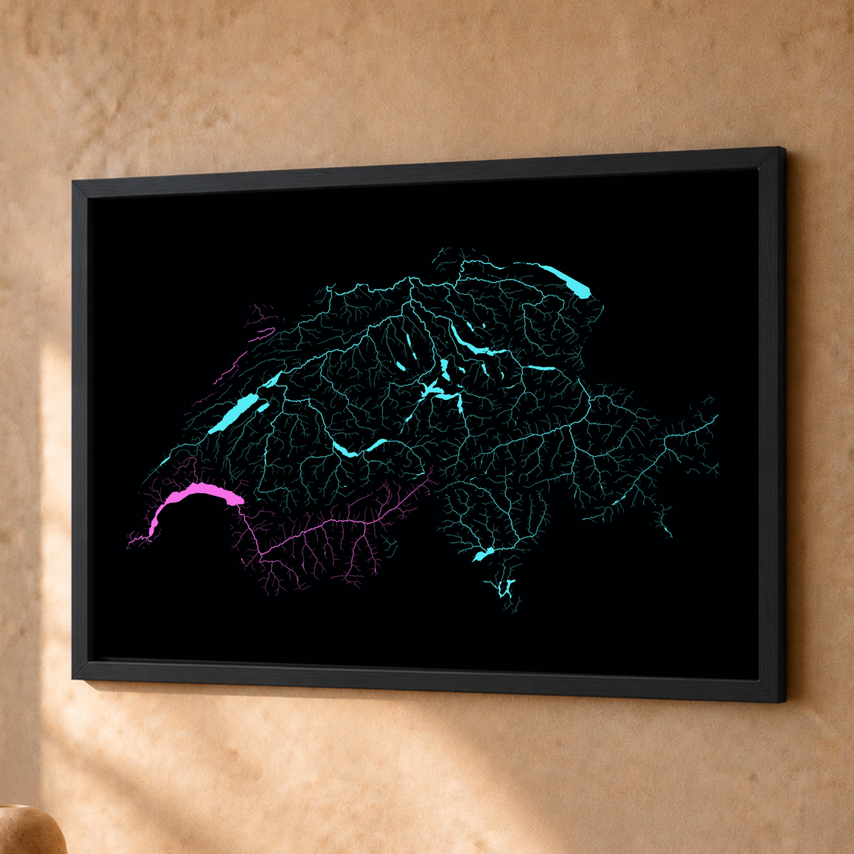 Beautiful Rivers — Suíça — Neon hidrográfico, Fine art emoldurado · 30 × 40 cm, Preto · Sem margem