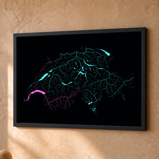 Beautiful Rivers — Suíça — Neon hidrográfico, Fine art emoldurado · 30 × 40 cm, Preto · Sem margem
