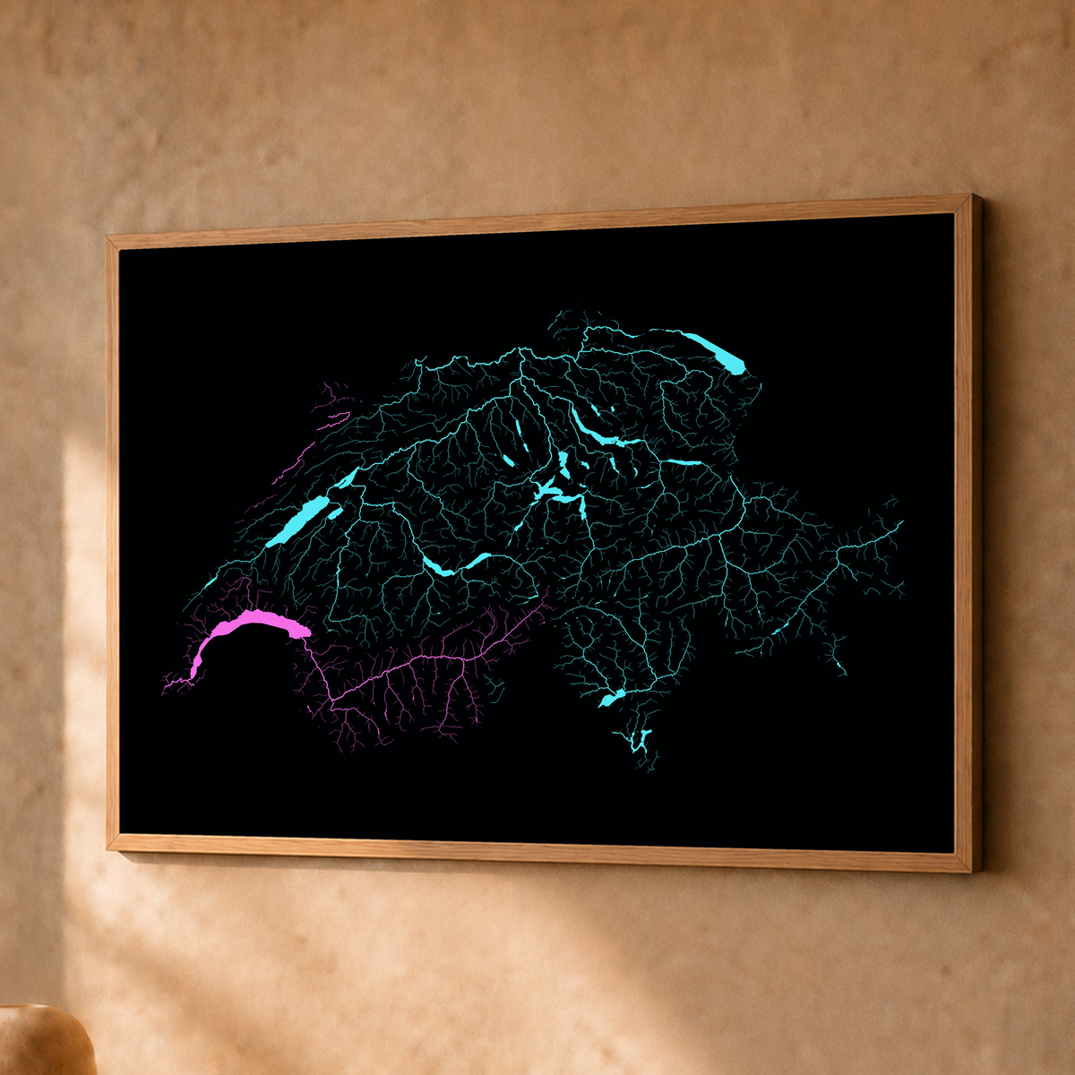 Beautiful Rivers — Suíça — Neon hidrográfico, Fine art emoldurado · 30 × 40 cm, Natural · Sem margem