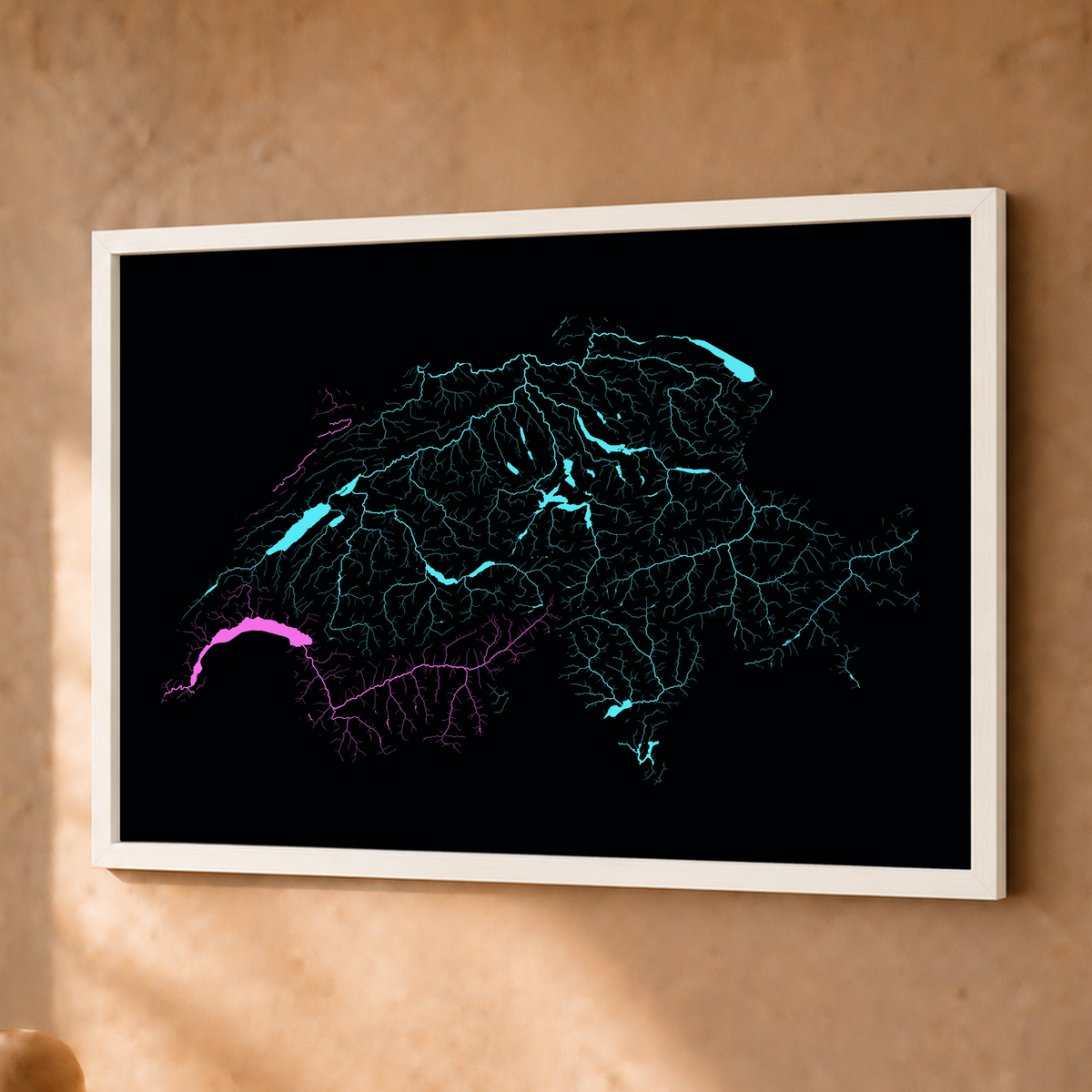 Beautiful Rivers — Suíça — Neon hidrográfico, Fine art emoldurado · 30 × 40 cm, Branco · Sem margem