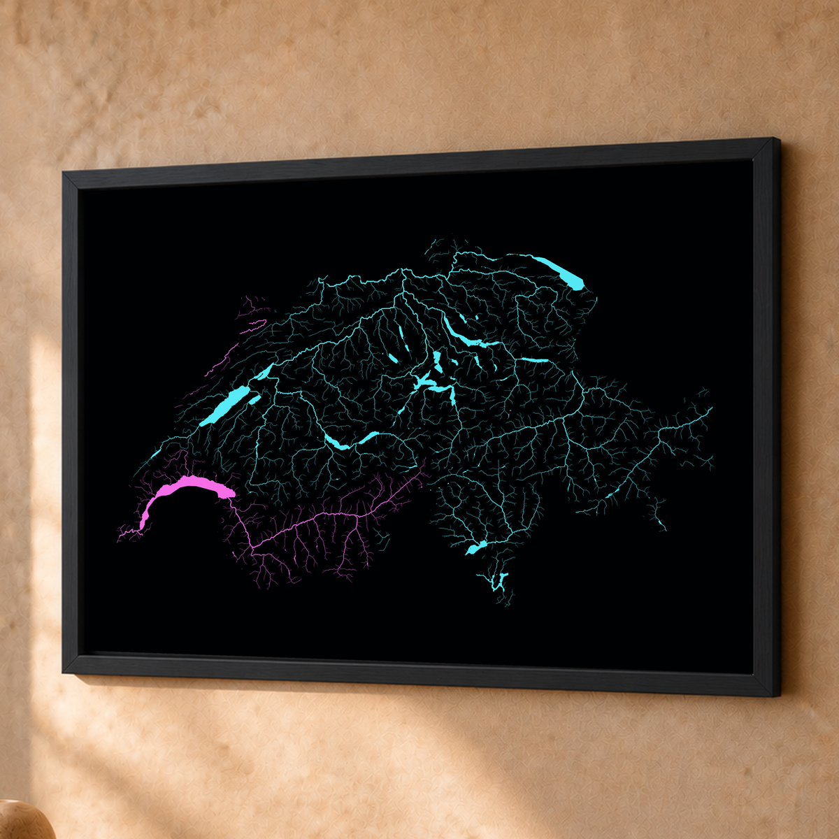 Beautiful Rivers — Suíça — Neon hidrográfico, Fine art emoldurado · 45 × 60 cm, Preto · Sem margem