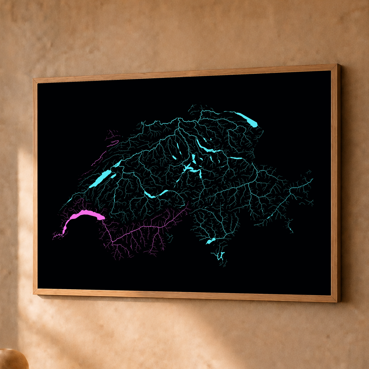Beautiful Rivers — Suíça — Neon hidrográfico, Fine art emoldurado · 45 × 60 cm, Natural · Sem margem