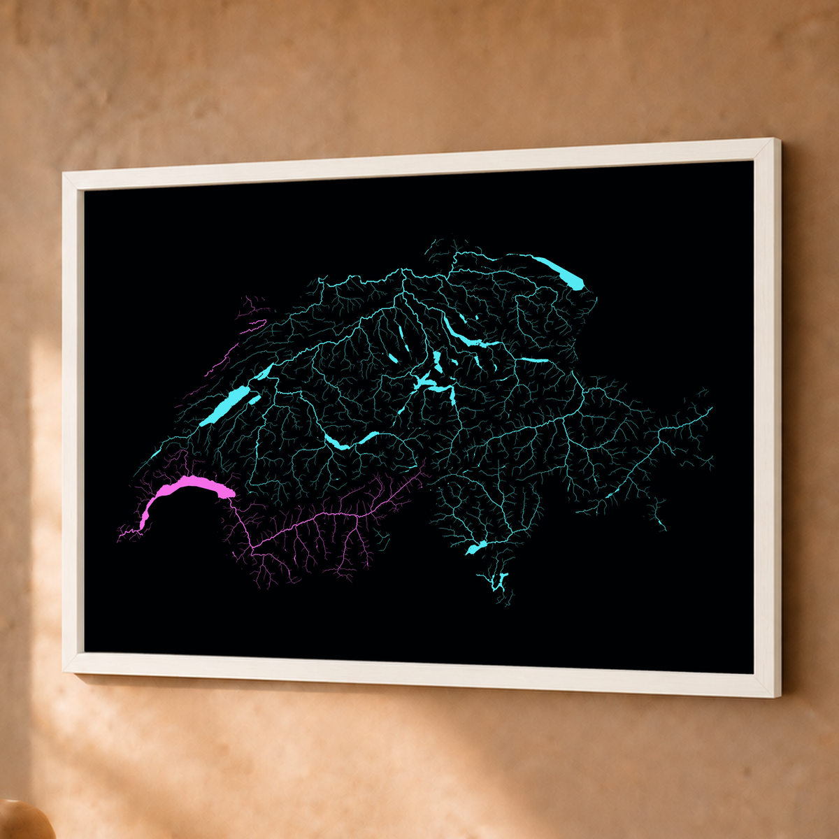 Beautiful Rivers — Suíça — Neon hidrográfico, Fine art emoldurado · 45 × 60 cm, Branco · Sem margem
