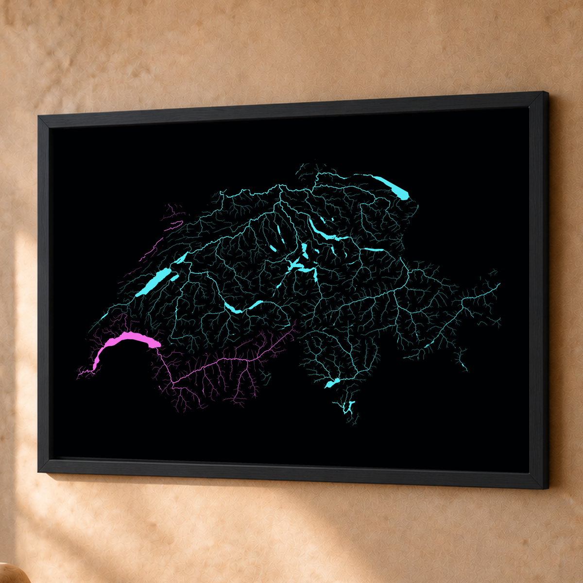 Beautiful Rivers — Suíça — Neon hidrográfico, Fine art emoldurado · 60 × 80 cm, Preto · Sem margem