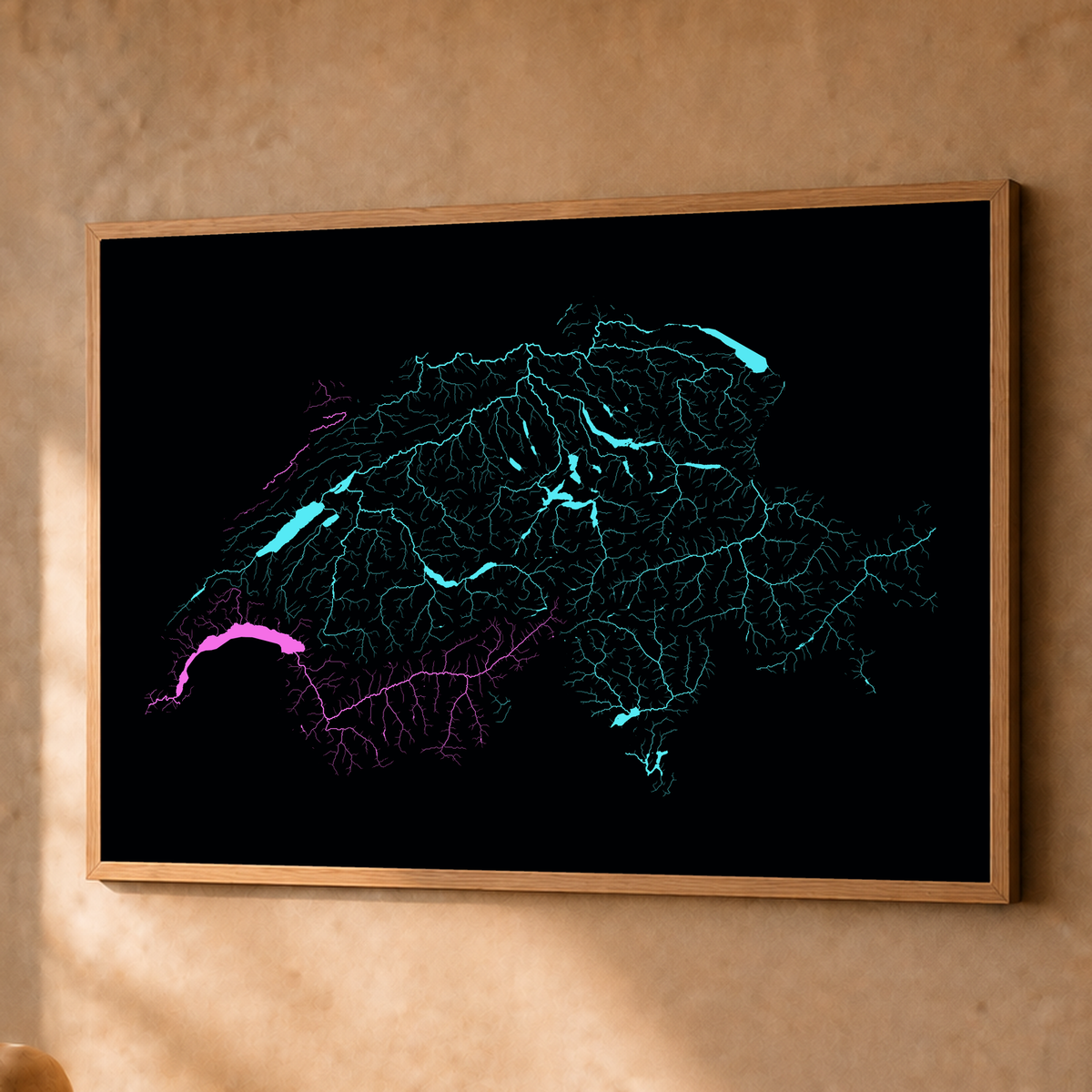 Beautiful Rivers — Suíça — Neon hidrográfico, Fine art emoldurado · 60 × 80 cm, Natural · Sem margem