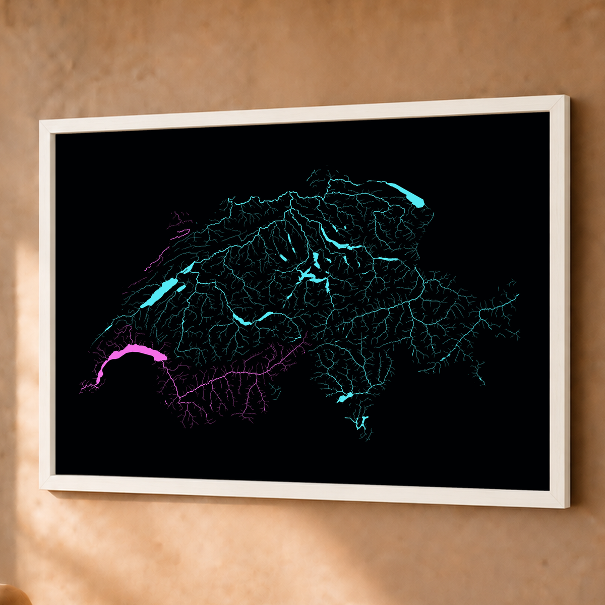 Beautiful Rivers — Suíça — Neon hidrográfico, Fine art emoldurado · 60 × 80 cm, Branco · Sem margem