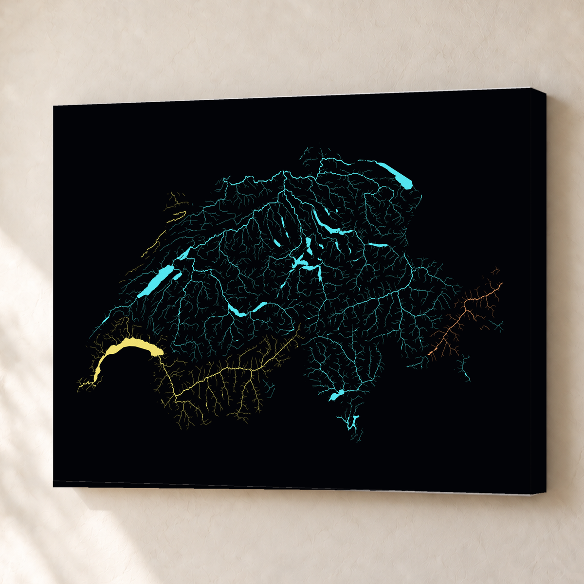 Beautiful Rivers — Suíça — Neon por território, Canvas · 45 × 60 cm, Sem margem