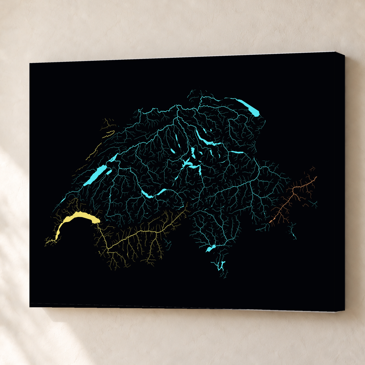 Beautiful Rivers — Suíça — Neon por território, Canvas · 60 × 80 cm, Sem margem