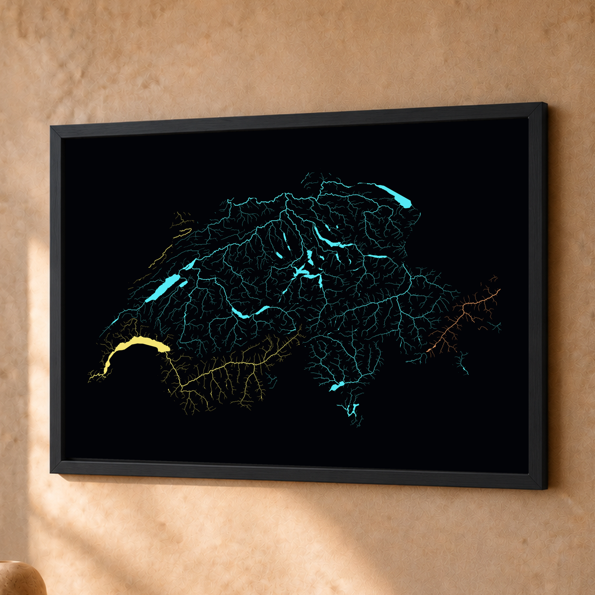 Beautiful Rivers — Suíça — Neon por território, Fine art emoldurado · 30 × 40 cm, Preto · Sem margem
