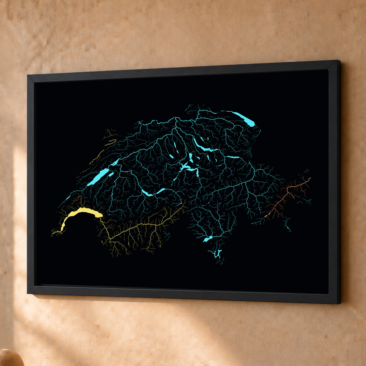 Beautiful Rivers — Suíça — Neon por território, Fine art emoldurado · 45 × 60 cm, Preto · Sem margem