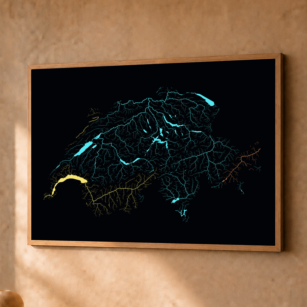 Beautiful Rivers — Suíça — Neon por território, Fine art emoldurado · 45 × 60 cm, Natural · Sem margem