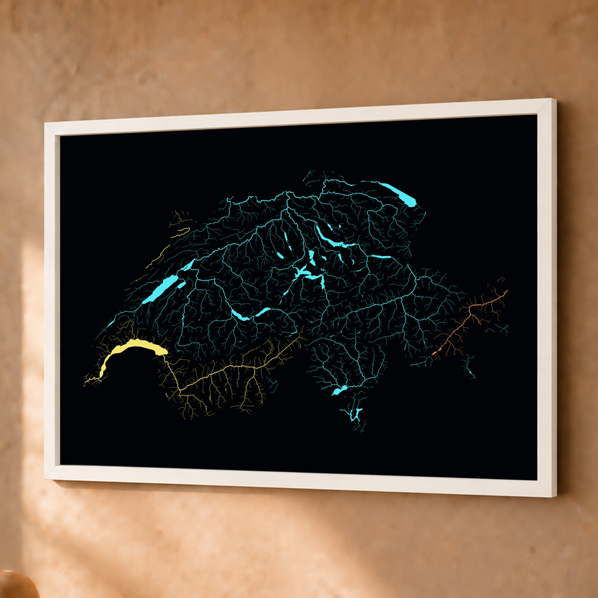 Beautiful Rivers — Suíça — Neon por território, Fine art emoldurado · 45 × 60 cm, Branco · Sem margem