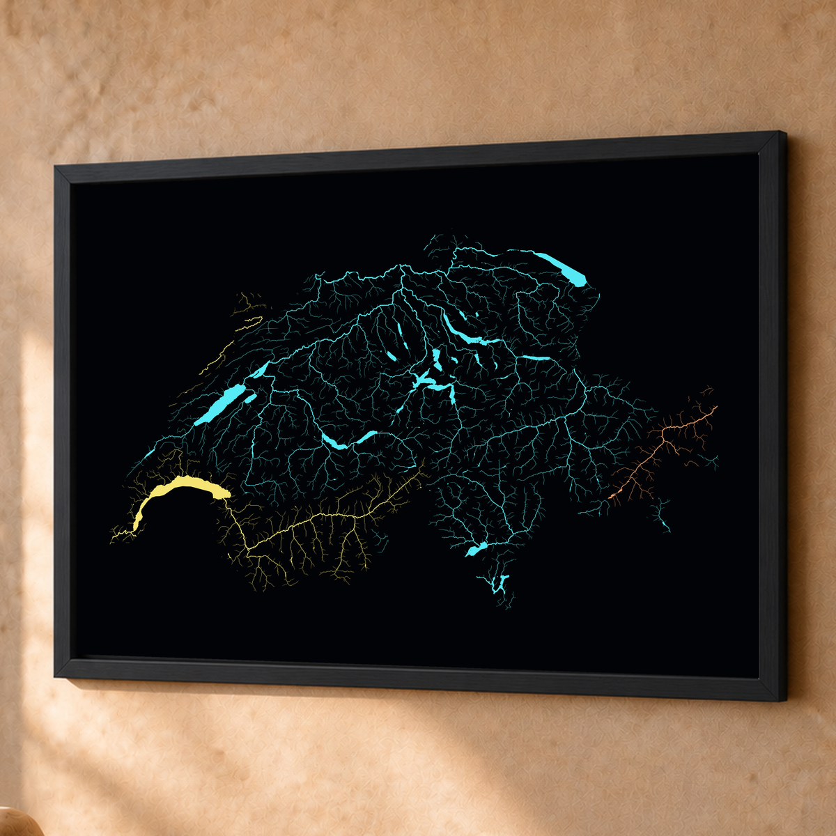 Beautiful Rivers — Suíça — Neon por território, Fine art emoldurado · 60 × 80 cm, Preto · Sem margem
